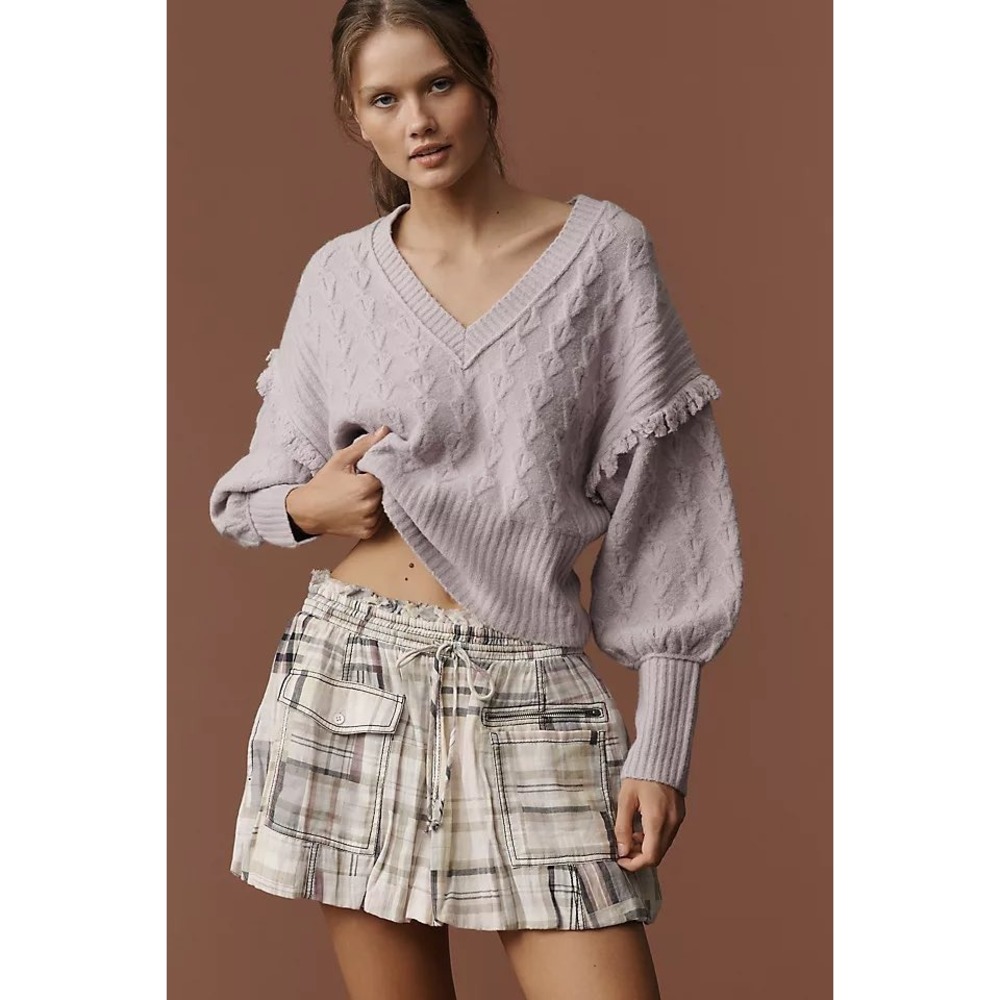 Pilcro and the Letterpress Lavender Cable Knit V-Neck Sweater with Ruffle Detail